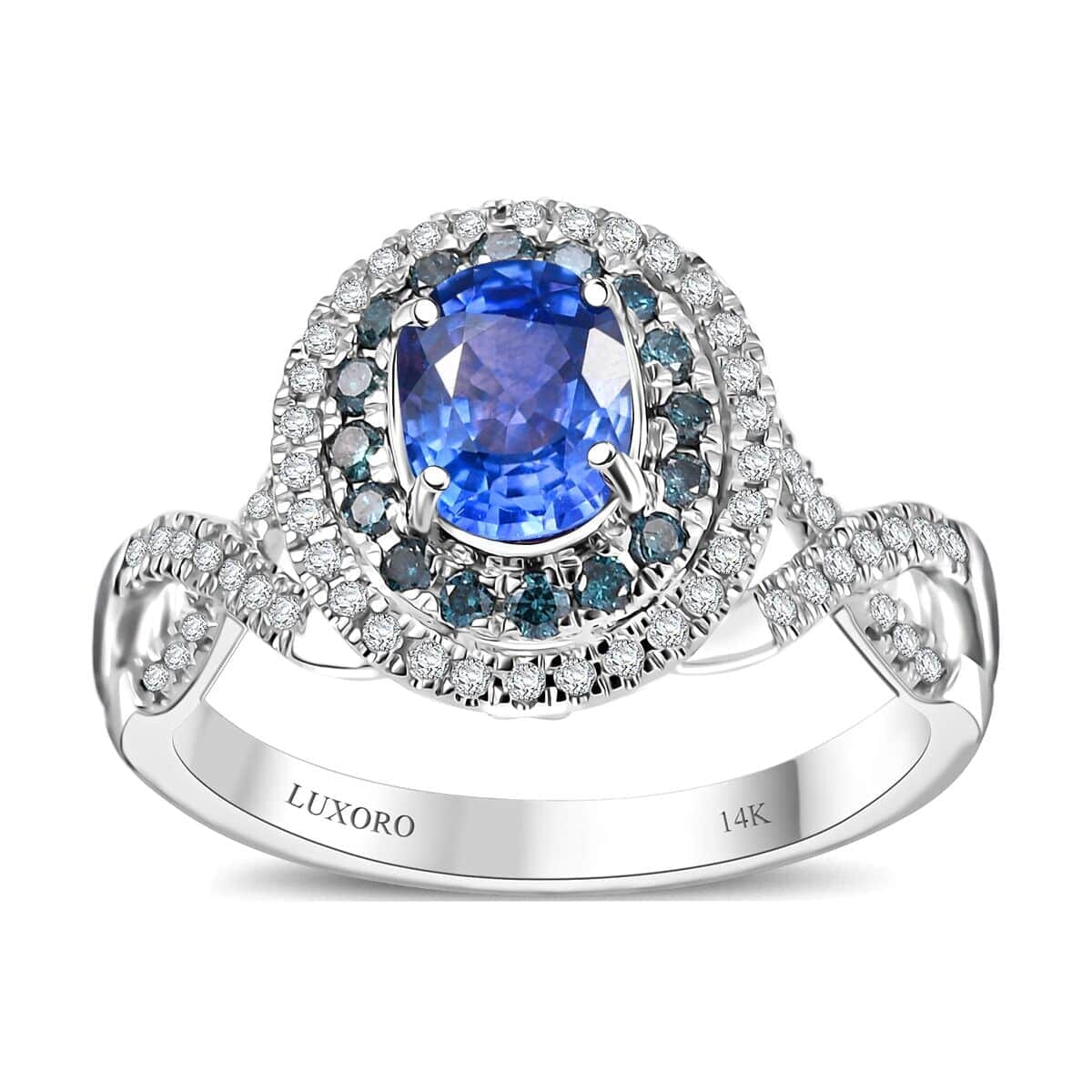 Certified & Appraised Luxoro AAA Ceylon Blue Sapphire, Blue and I2 White Diamond 1.70 ctw Ring in 14K White Gold (Size 10.0) 4.60 Grams image number 0