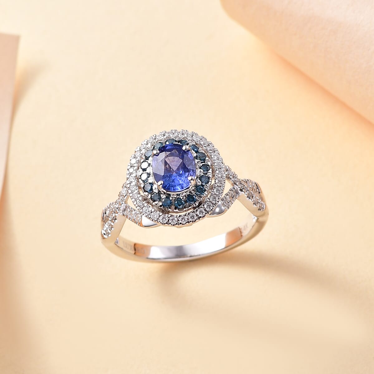 Certified & Appraised Luxoro AAA Ceylon Blue Sapphire, Blue and I2 White Diamond 1.70 ctw Ring in 14K White Gold (Size 7.0) 4.60 Grams image number 1