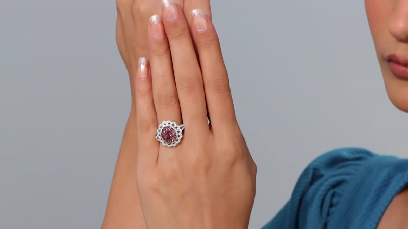 Premium Tanzanian Blush Garnet, Moissanite Flower Ring in Rhodium Over Sterling Silver (Size 10.0) 2.60 ctw