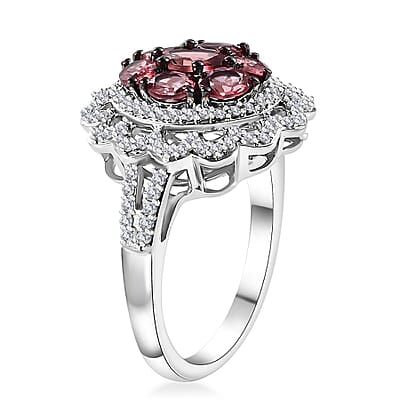 Premium Tanzanian Blush Garnet and Moissanite 2.60 ctw Flower Ring in Rhodium Over Sterling Silver (Size 10.0)