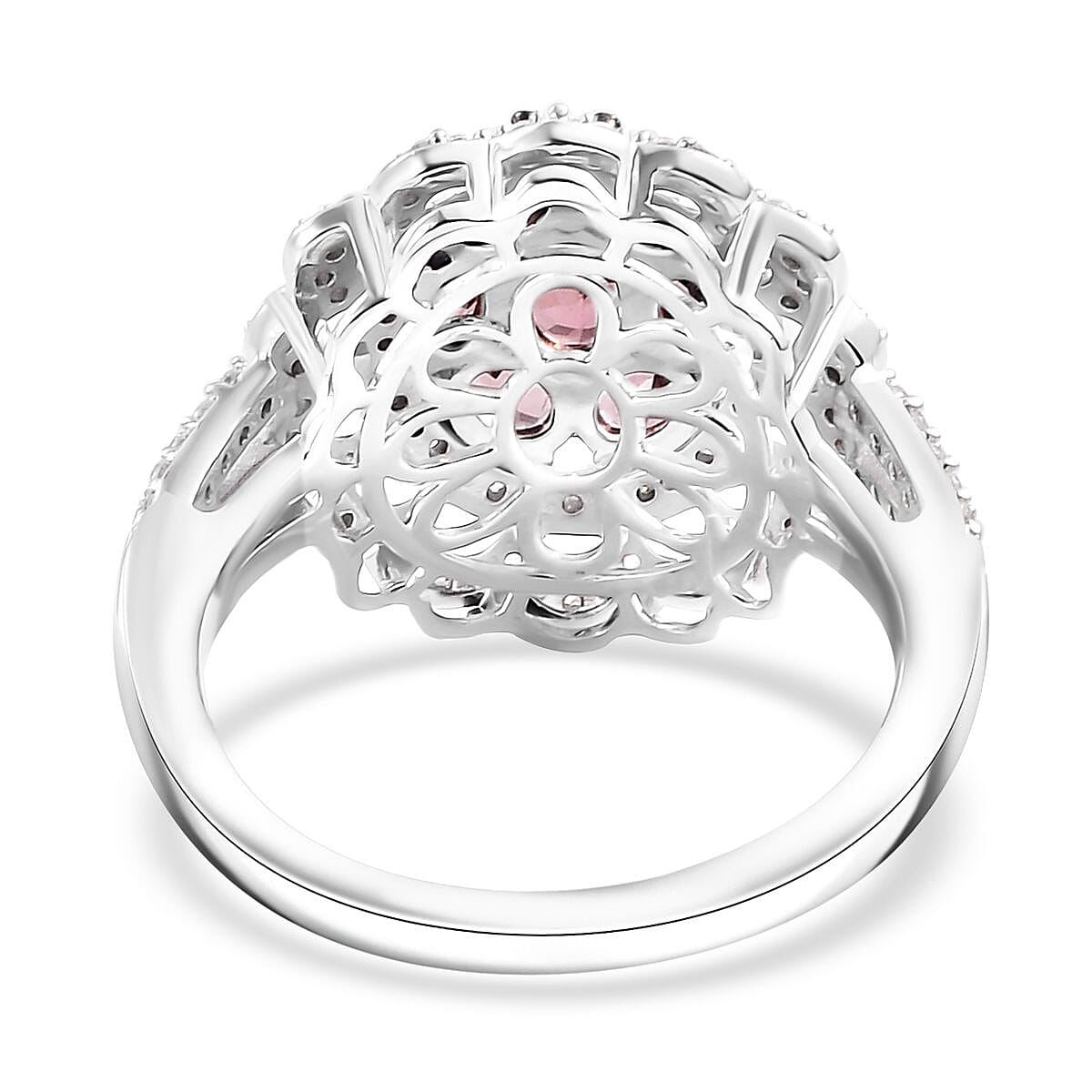 Premium Tanzanian Blush Garnet and Moissanite 2.60 ctw Flower Ring in Rhodium Over Sterling Silver (Size 10.0)