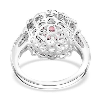 Premium Tanzanian Blush Garnet and Moissanite 2.60 ctw Flower Ring in Rhodium Over Sterling Silver (Size 10.0)
