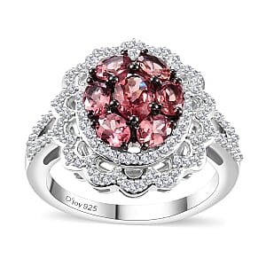 D'Joy Premium Tanzanian Blush Garnet and Moissanite 2.60 ctw Flower Ring in Rhodium Over Sterling Silver (Size 6.0)