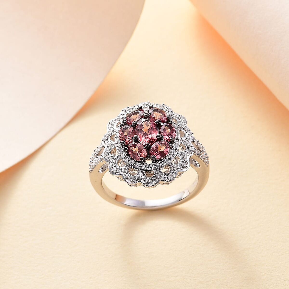 D'Joy Premium Tanzanian Blush Garnet and Moissanite 2.60 ctw Flower Ring in Rhodium Over Sterling Silver (Size 6.0) image number 1