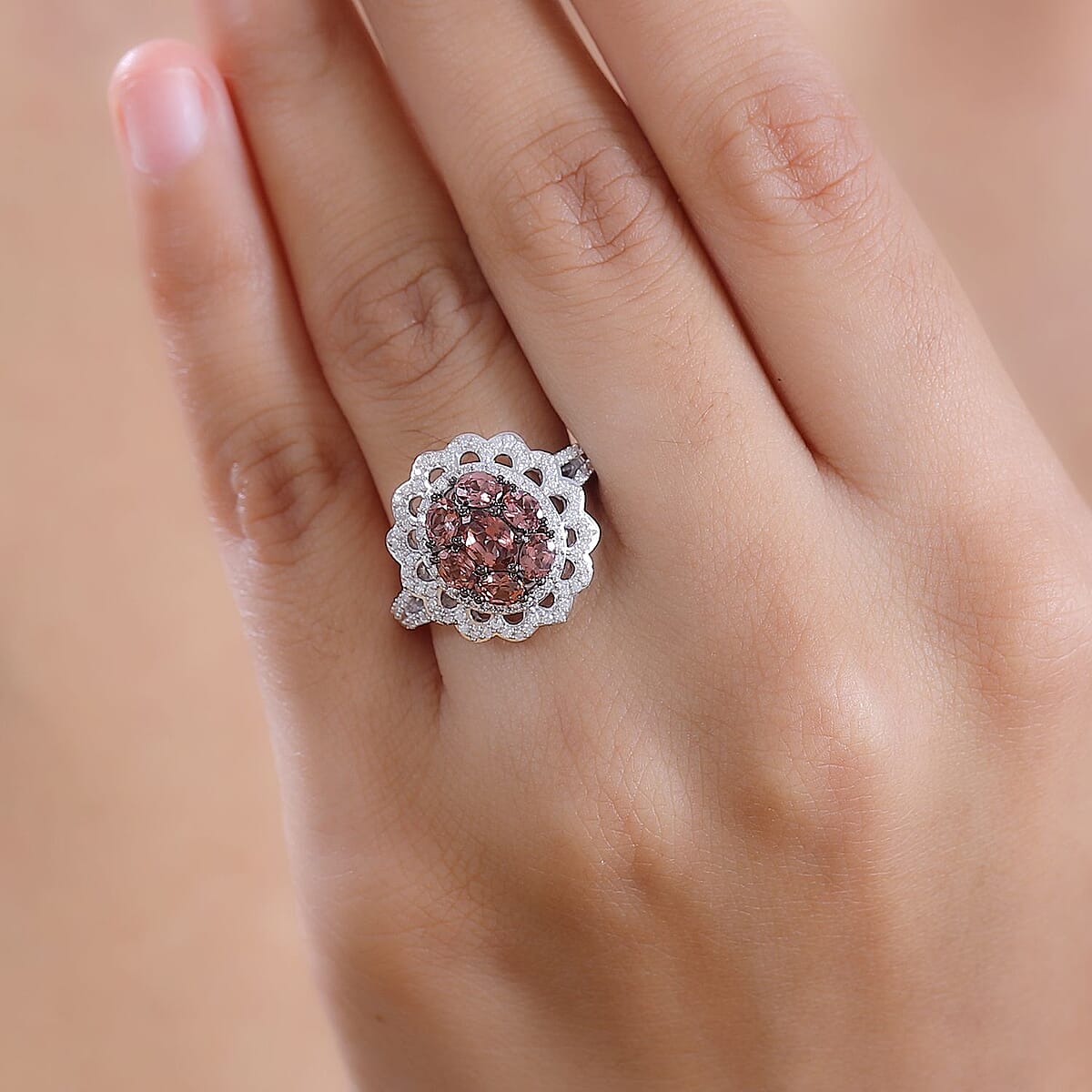 D'Joy Premium Tanzanian Blush Garnet and Moissanite 2.60 ctw Flower Ring in Rhodium Over Sterling Silver (Size 6.0) image number 2