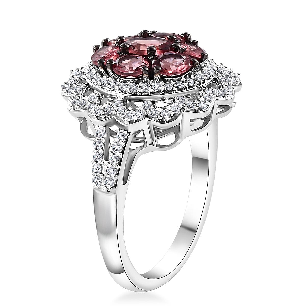 D'Joy Premium Tanzanian Blush Garnet and Moissanite 2.60 ctw Flower Ring in Rhodium Over Sterling Silver (Size 6.0) image number 3