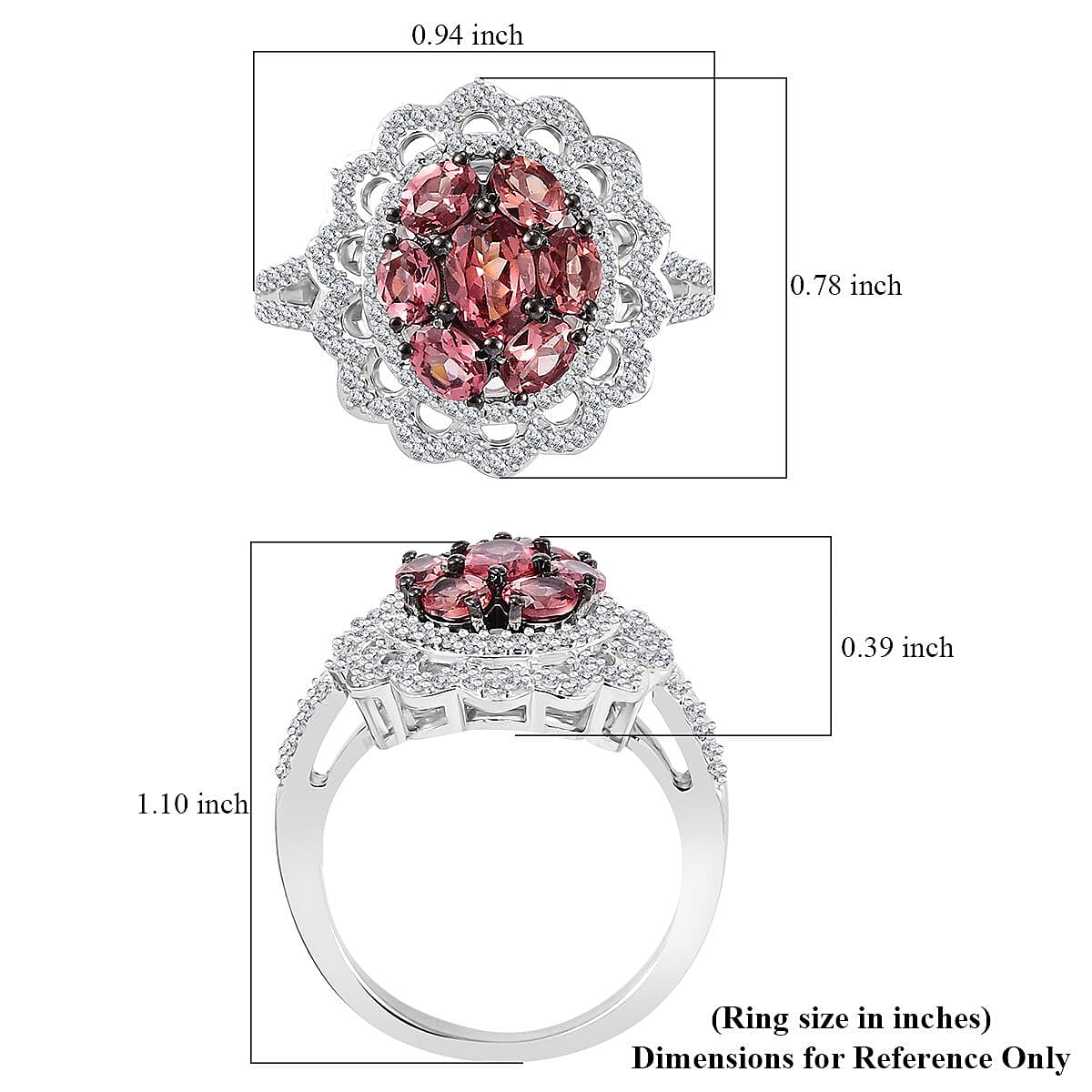 D'Joy Premium Tanzanian Blush Garnet and Moissanite 2.60 ctw Flower Ring in Rhodium Over Sterling Silver (Size 6.0) image number 5