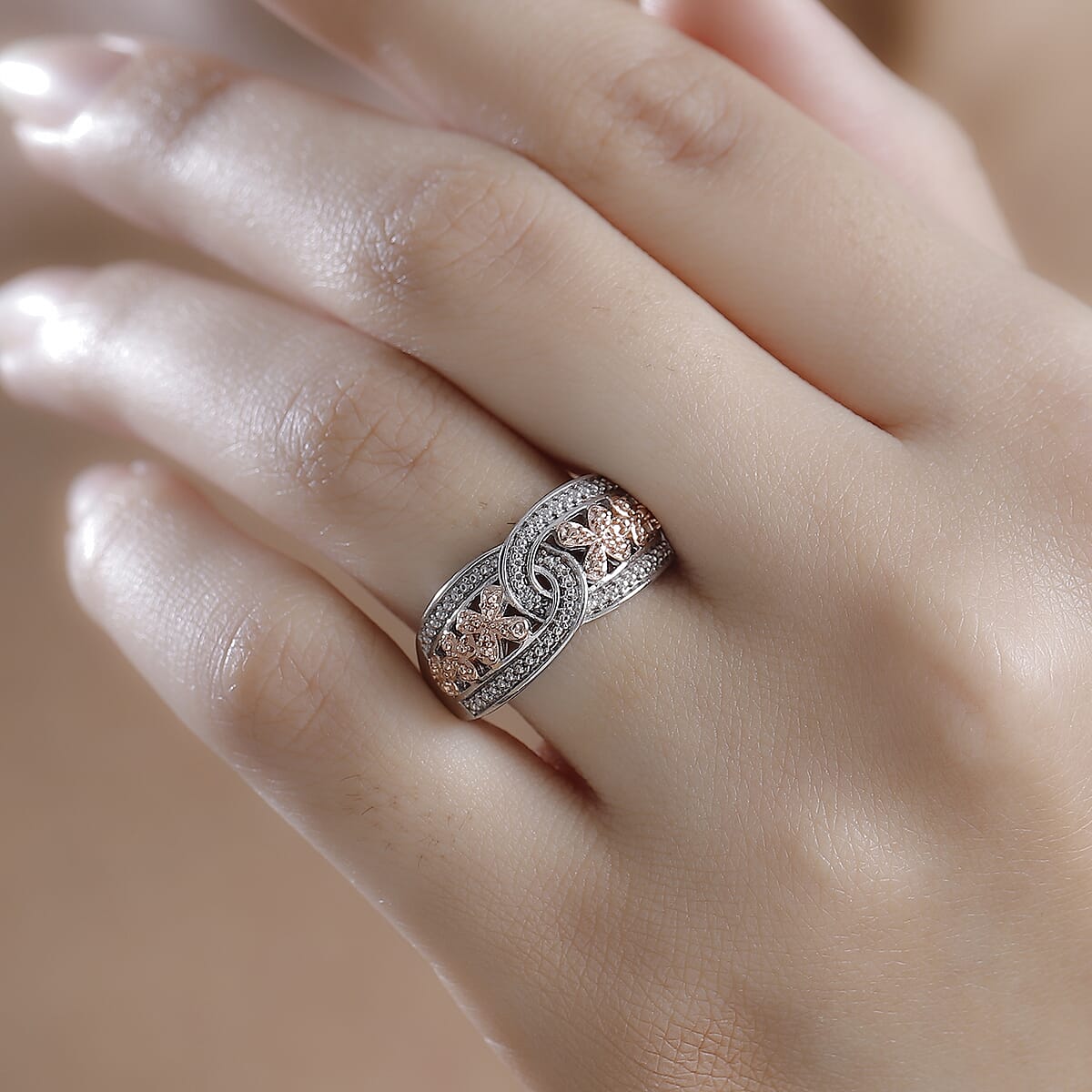 Karis White Diamond Accent Link Ring in 18K RG Plated and Platinum Bond (Size 9.0) image number 2