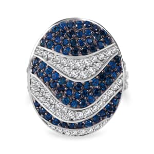 Kanchanaburi Blue Sapphire and White Zircon 3.15 ctw Ocean Waves Ring in Rhodium Over Sterling Silver (Size 10.0)