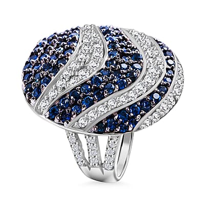 Kanchanaburi Blue Sapphire and White Zircon 3.15 ctw Ocean Waves Ring in Rhodium Over Sterling Silver (Size 10.0)
