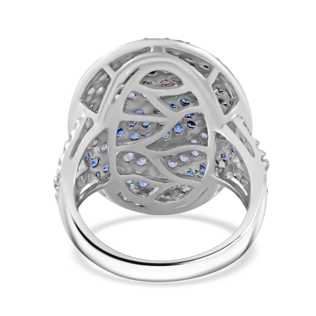 Madagascar Blue Sapphire (DF) and White Zircon 3.15 ctw Ocean Waves Ring in Rhodium Over Sterling Silver (Size 10.0) image number 3