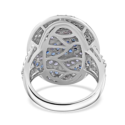 Kanchanaburi Blue Sapphire and White Zircon 3.15 ctw Ocean Waves Ring in Rhodium Over Sterling Silver (Size 10.0)