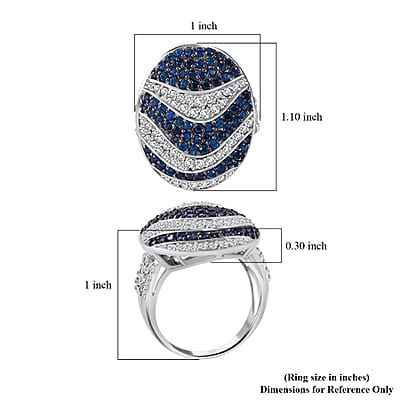 Kanchanaburi Blue Sapphire and White Zircon 3.15 ctw Ocean Waves Ring in Rhodium Over Sterling Silver (Size 10.0)