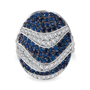 Kanchanaburi Blue Sapphire and White Zircon 3.15 ctw Ocean Waves Ring in Rhodium Over Sterling Silver (Size 7.0)