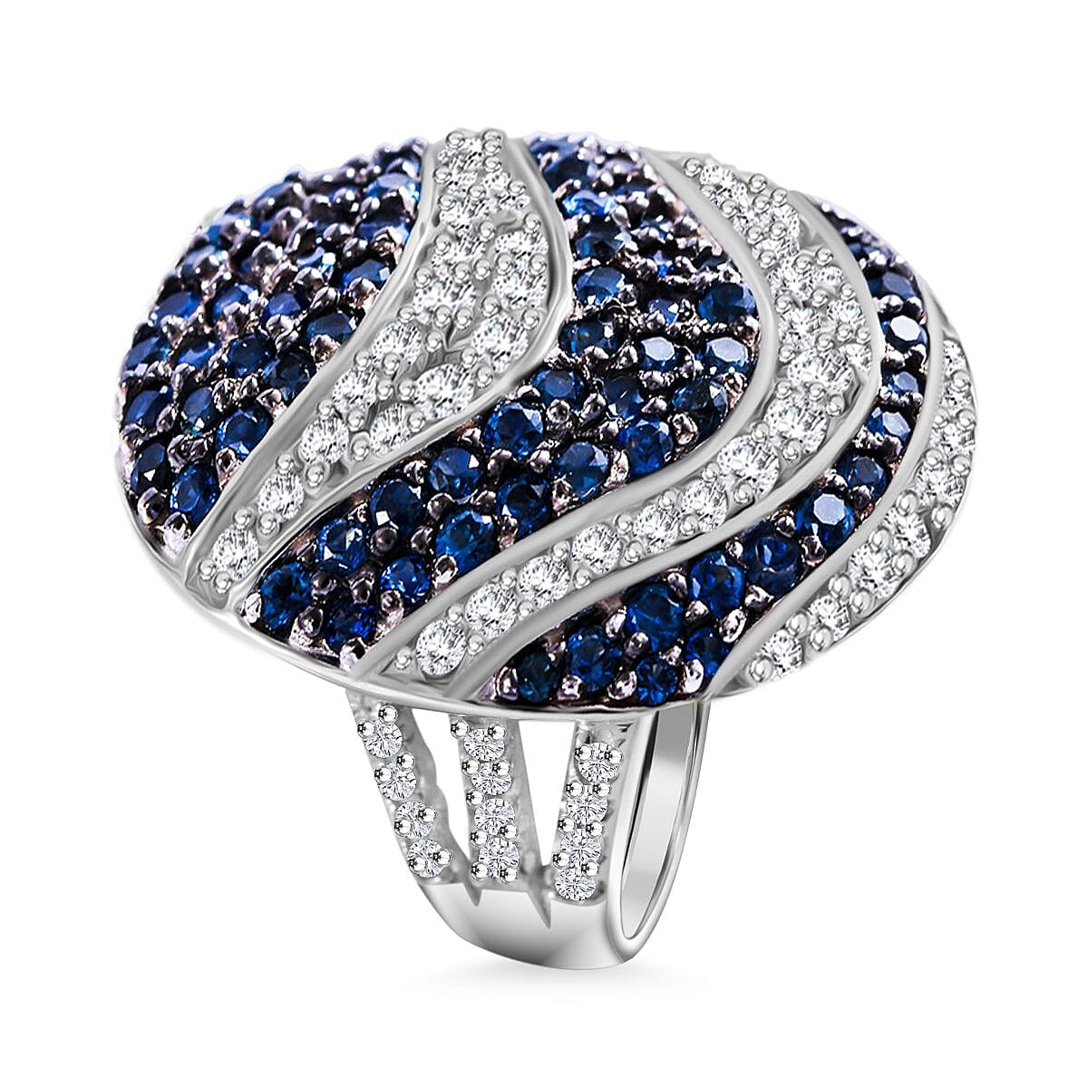 Kanchanaburi Blue Sapphire and White Zircon 3.15 ctw Ocean Waves Ring in Rhodium Over Sterling Silver (Size 9.0) image number 2