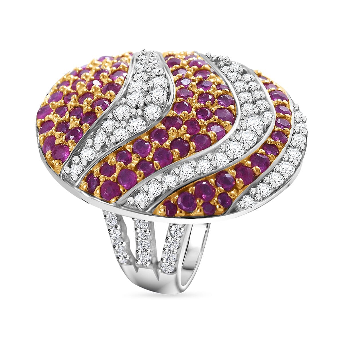 Mozambique Ruby and White Zircon 3.50 ctw Ocean Waves Ring in Rhodium Over Sterling Silver (Size 9.0) image number 2