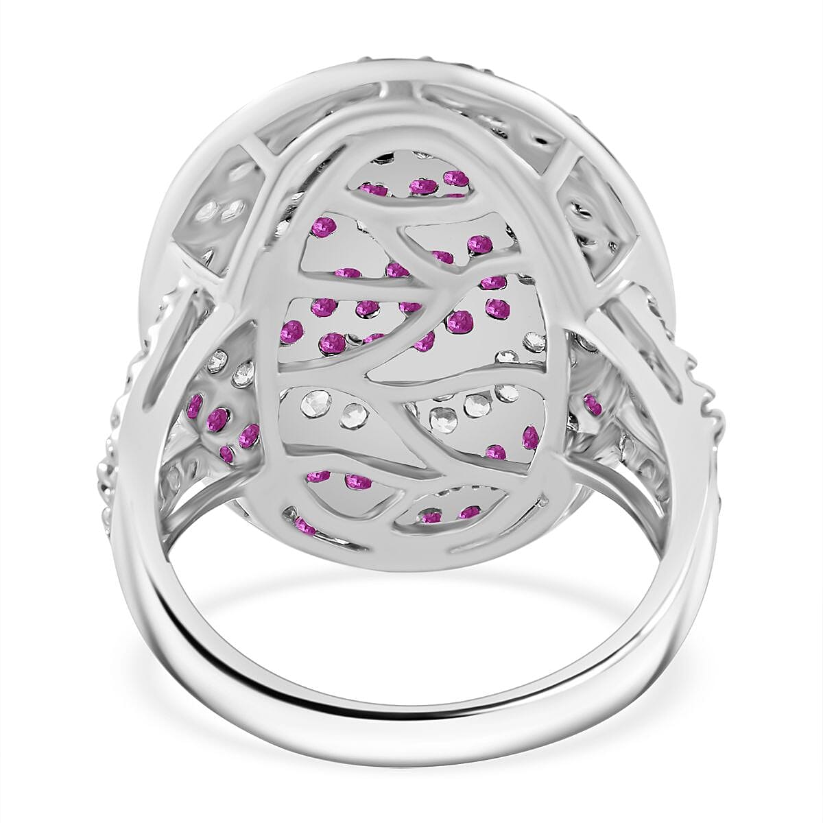 Mozambique Ruby and White Zircon 3.50 ctw Ocean Waves Ring in Rhodium Over Sterling Silver (Size 9.0) image number 3
