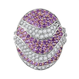 Madagascar Pink Sapphire and White Zircon 3.15 ctw Ocean Waves Ring in Rhodium Over Sterling Silver (Size 6.0)