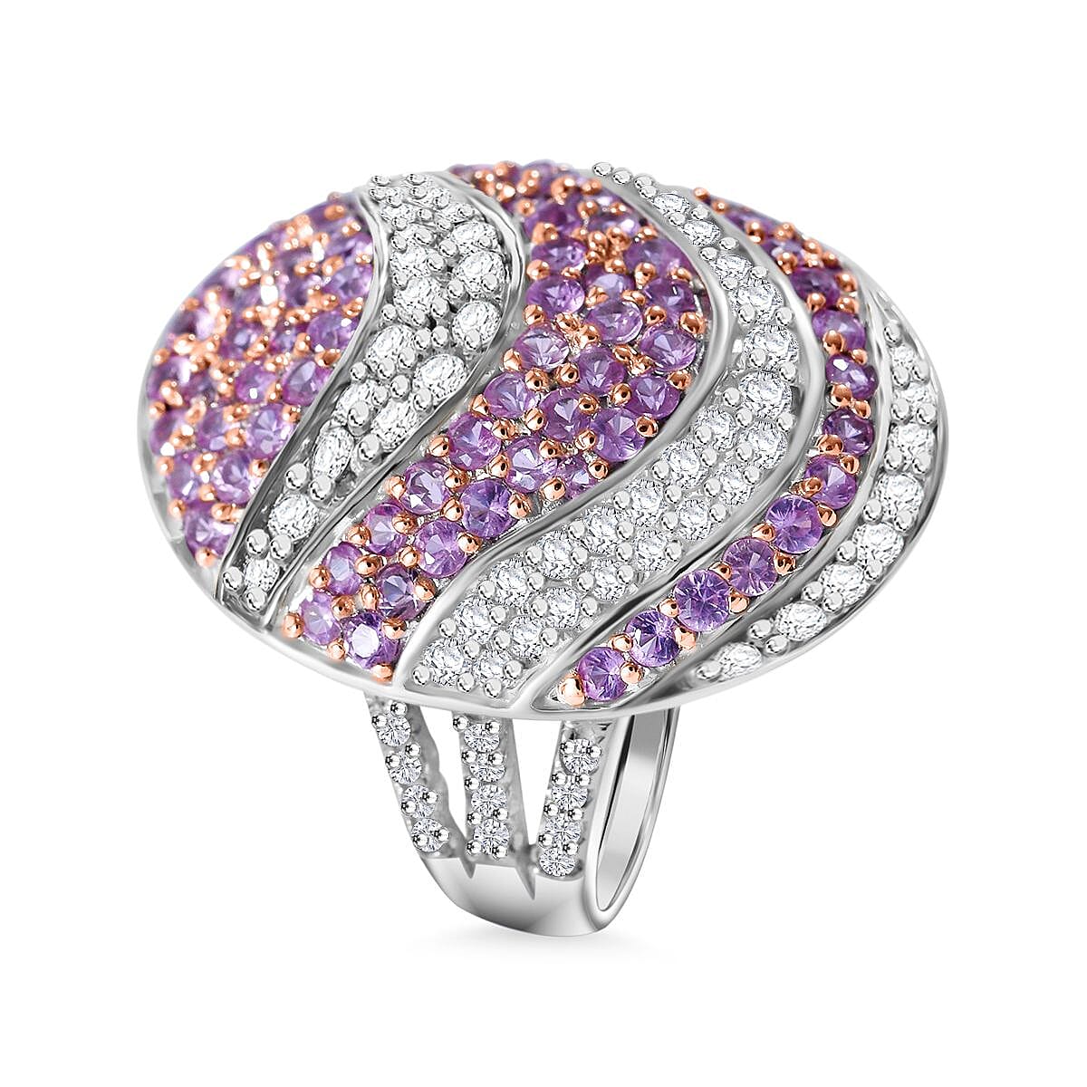 Madagascar Pink Sapphire and White Zircon 3.15 ctw Ocean Waves Ring in Rhodium Over Sterling Silver (Size 6.0) image number 2