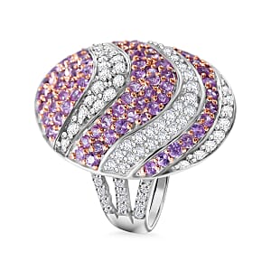Madagascar Pink Sapphire and White Zircon 3.15 ctw Ocean Waves Ring in Rhodium Over Sterling Silver (Size 6.0)