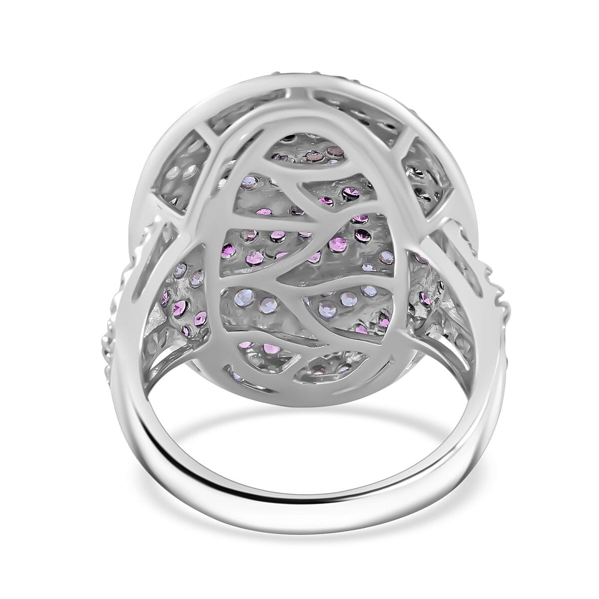 Madagascar Pink Sapphire and White Zircon 3.15 ctw Ocean Waves Ring in Rhodium Over Sterling Silver (Size 6.0) image number 3