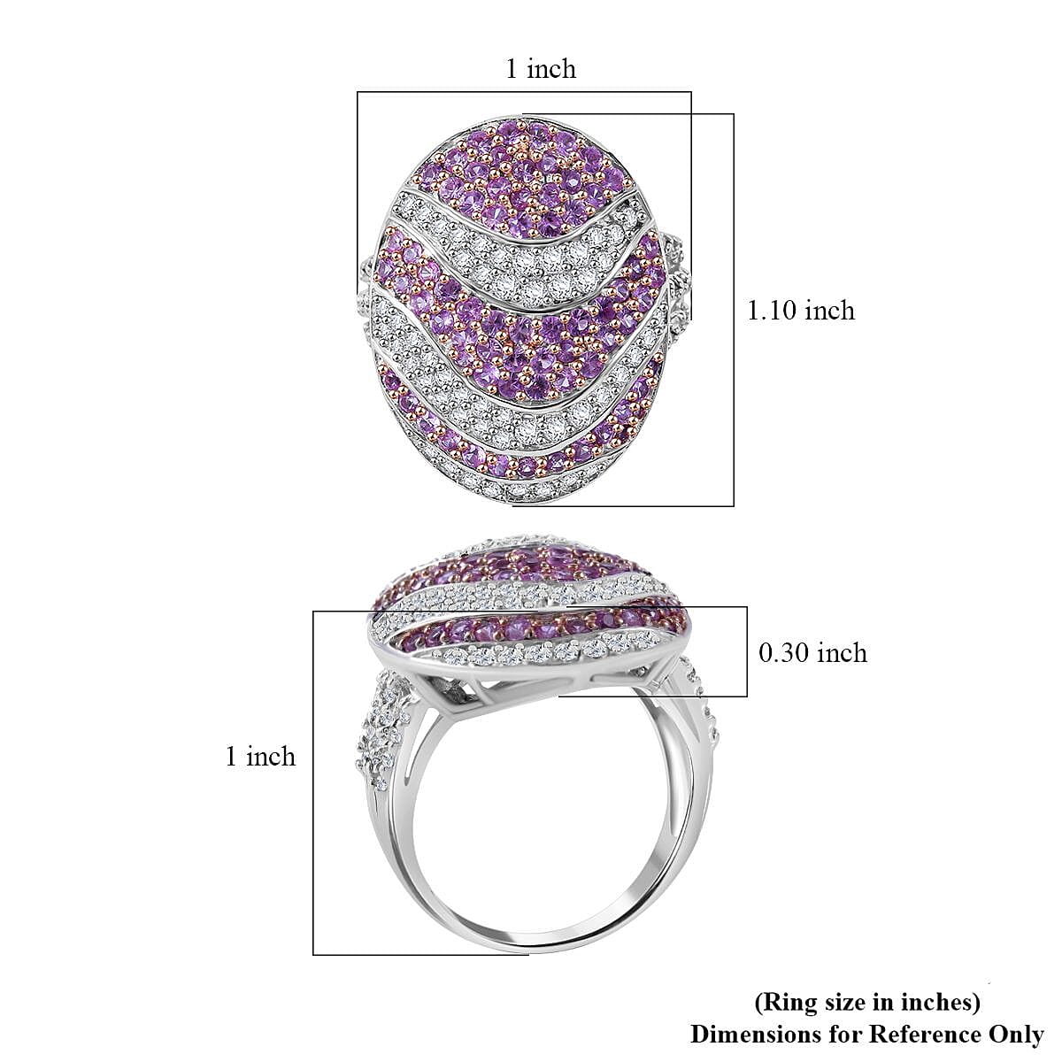 Madagascar Pink Sapphire and White Zircon 3.15 ctw Ocean Waves Ring in Rhodium Over Sterling Silver (Size 6.0) image number 4