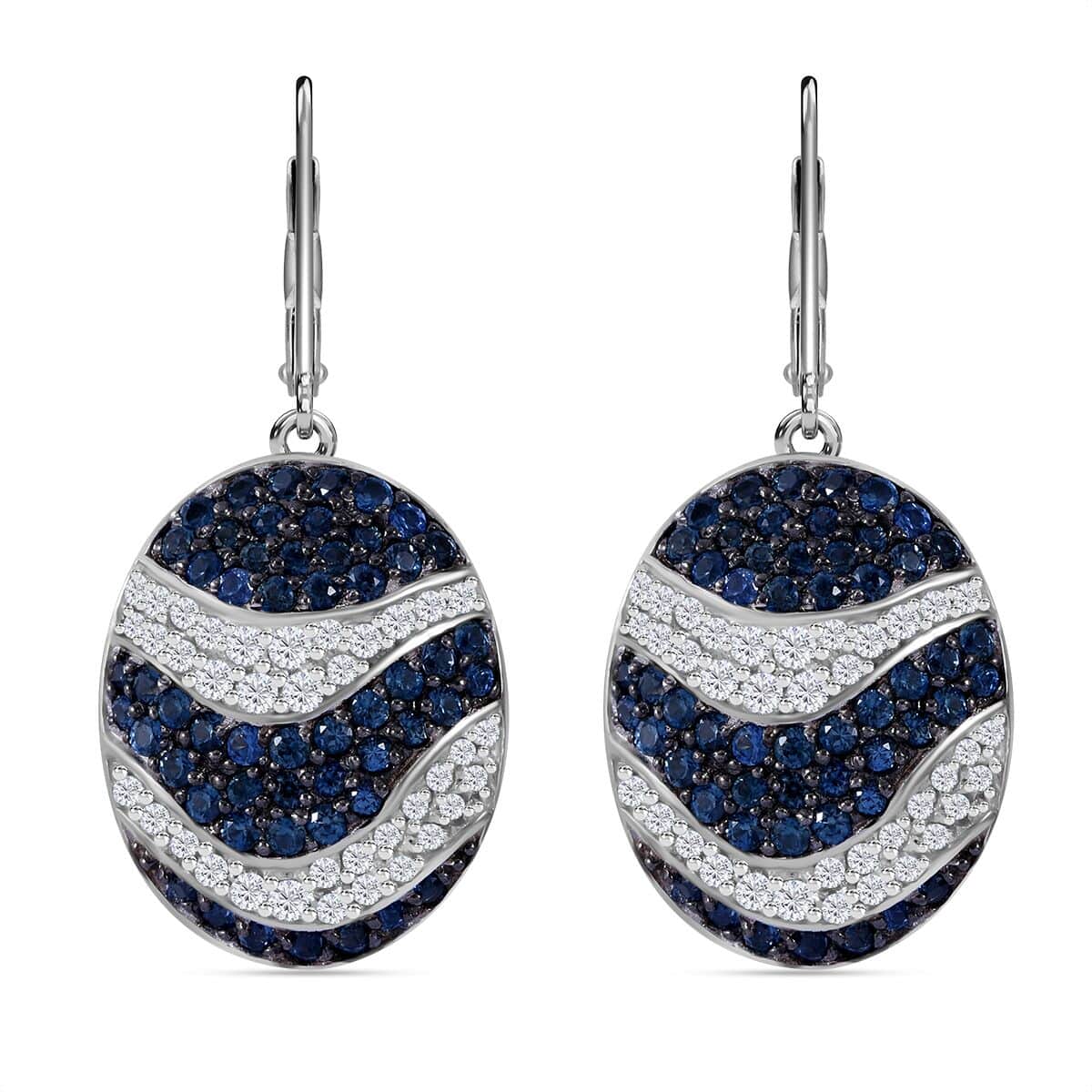 Madagascar Blue Sapphire, White Zircon Ocean Waves Earrings in Rhodium Over Sterling Silver 4.35 ctw image number 0