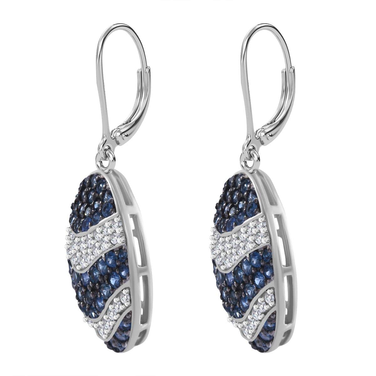 Madagascar Blue Sapphire, White Zircon Ocean Waves Earrings in Rhodium Over Sterling Silver 4.35 ctw image number 2