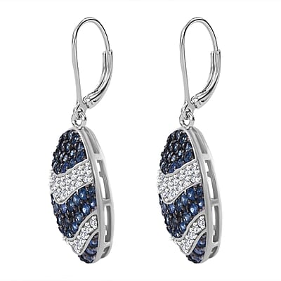 Kanchanaburi Blue Sapphire and White Zircon 4.35 ctw Ocean Waves Earrings in Rhodium Over Sterling Silver