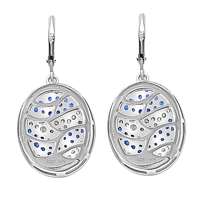 Kanchanaburi Blue Sapphire and White Zircon 4.35 ctw Ocean Waves Earrings in Rhodium Over Sterling Silver
