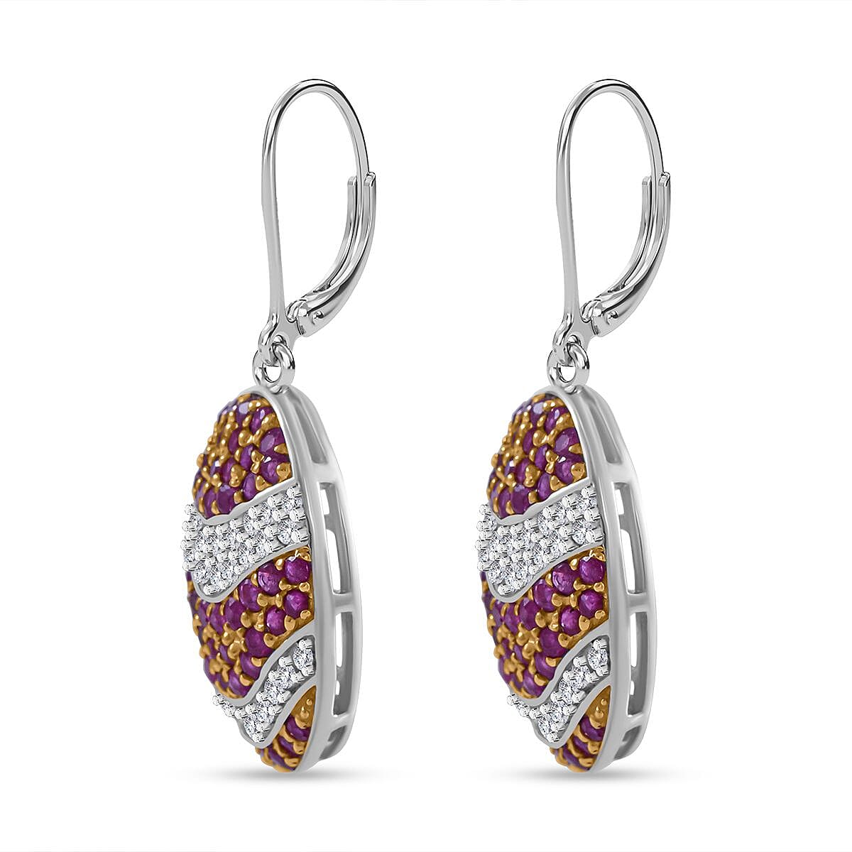 Mozambique Ruby and White Zircon 5.25 ctw Ocean Waves Earrings in Rhodium Over Sterling Silver