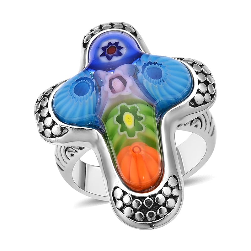 Multi Color Murano Glass  Ring Pure White Stainless Steel