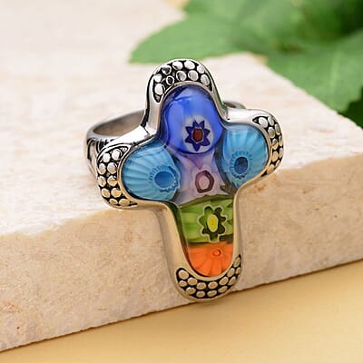 Multi Color Murano Glass  Ring Pure White Stainless Steel