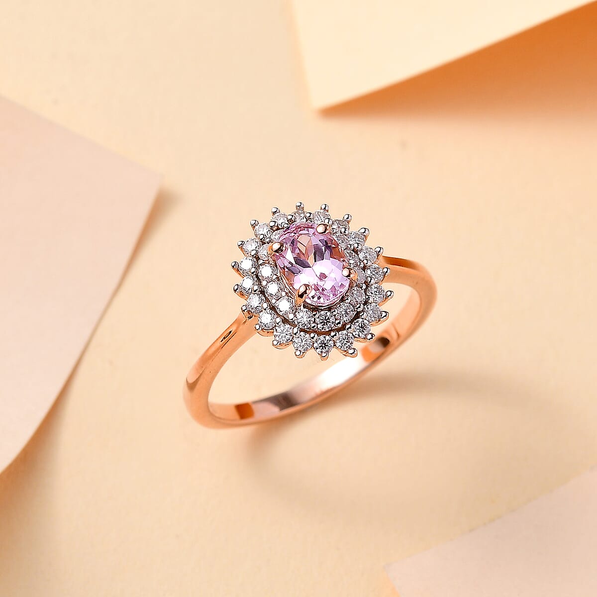 Premium Martha Rocha Kunzite and Moissanite 1.70 ctw Sunlit Ring in 18K Vermeil Rose Gold Over Sterling Silver (Size 9.0) image number 1