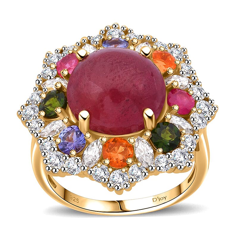 African Ruby (FF) and Multi Gemstone 11.75 ctw Radiant Blossom Ring in Vermeil Yellow Gold Over Sterling Silver (Size 10.0)