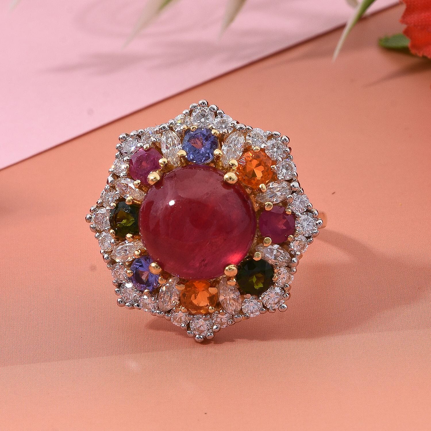 African Ruby (FF) and Multi Gemstone 11.75 ctw Radiant Blossom Ring in Vermeil Yellow Gold Over Sterling Silver (Size 10.0)