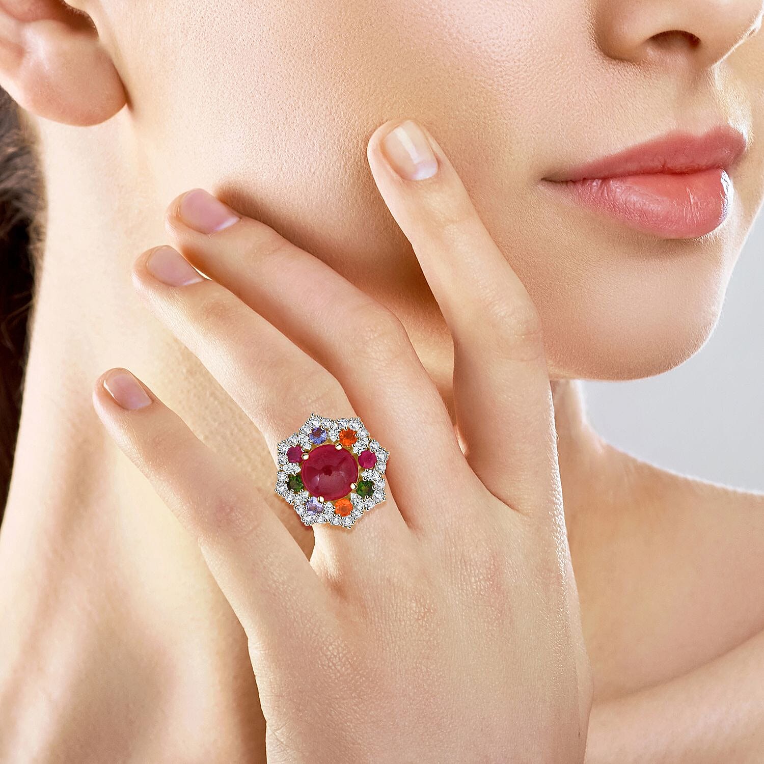 African Ruby (FF) and Multi Gemstone 11.75 ctw Radiant Blossom Ring in Vermeil Yellow Gold Over Sterling Silver (Size 10.0)