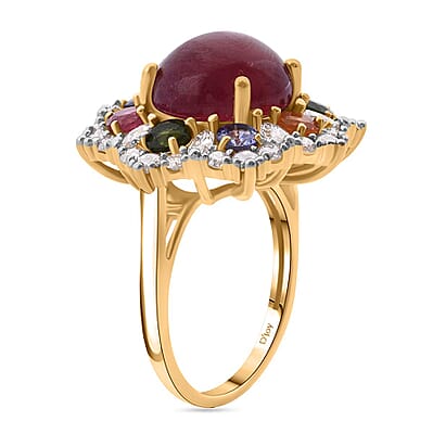 African Ruby (FF) and Multi Gemstone 11.75 ctw Radiant Blossom Ring in Vermeil Yellow Gold Over Sterling Silver (Size 10.0)