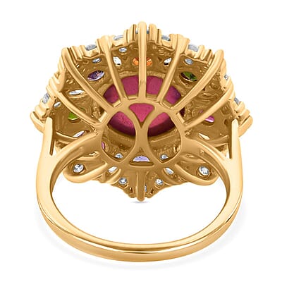 African Ruby (FF) and Multi Gemstone 11.75 ctw Radiant Blossom Ring in Vermeil Yellow Gold Over Sterling Silver (Size 10.0)