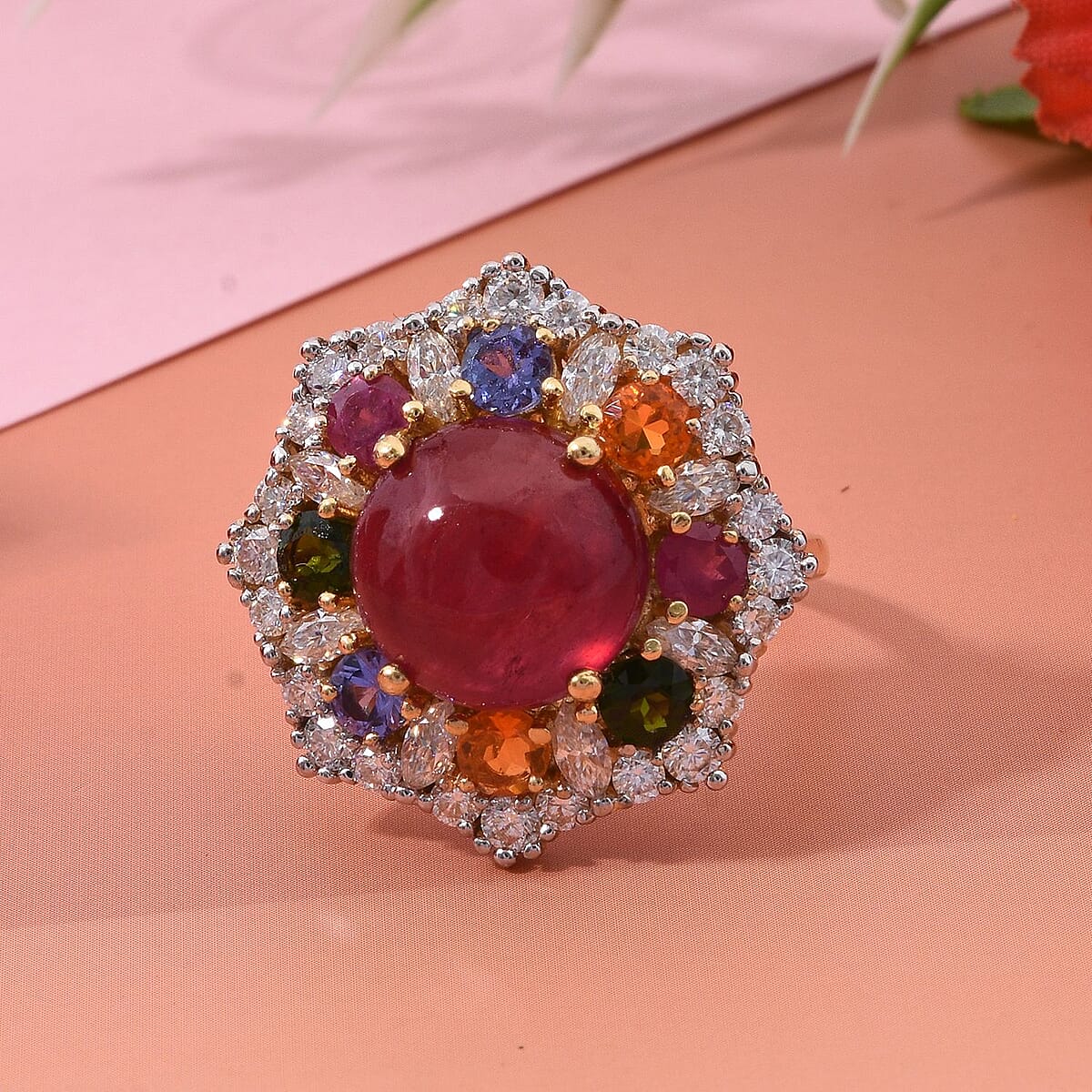 African Ruby (FF) and Multi Gemstone 11.75 ctw Radiant Blossom Ring in Vermeil Yellow Gold Over Sterling Silver (Size 6.0) image number 1