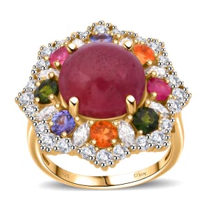 African Ruby (FF) and Multi Gemstone 11.75 ctw Radiant Blossom Ring in Vermeil Yellow Gold Over Sterling Silver (Size 7.0)