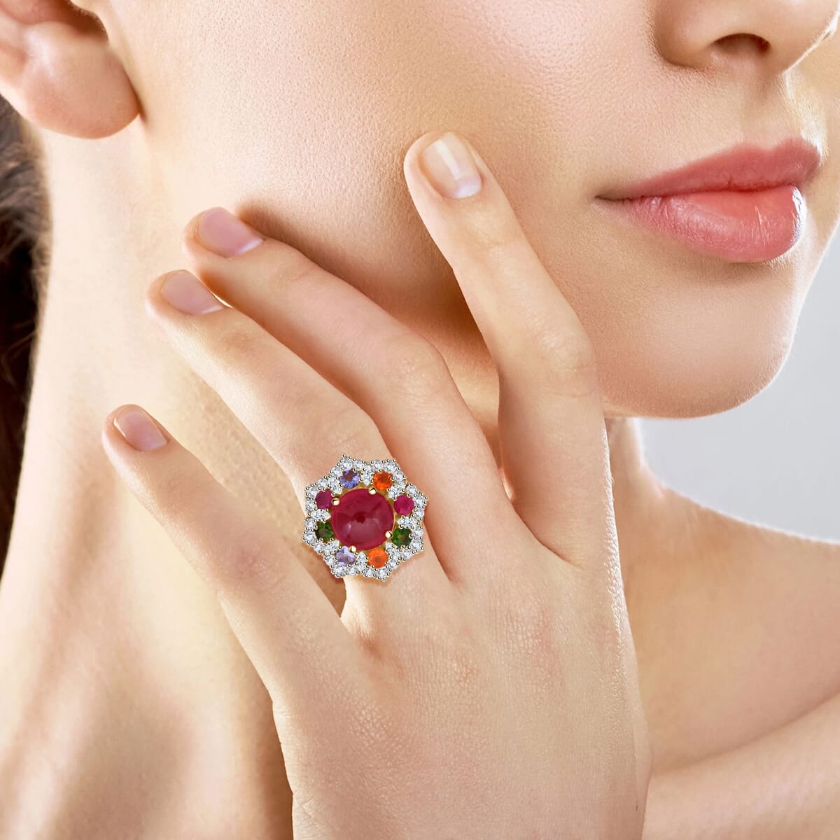 African Ruby (FF) and Multi Gemstone 11.75 ctw Radiant Blossom Ring in Vermeil Yellow Gold Over Sterling Silver (Size 7.0) image number 2
