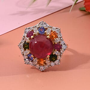African Ruby (FF) and Multi Gemstone 11.75 ctw Radiant Blossom Ring in Vermeil Yellow Gold Over Sterling Silver (Size 9.0)