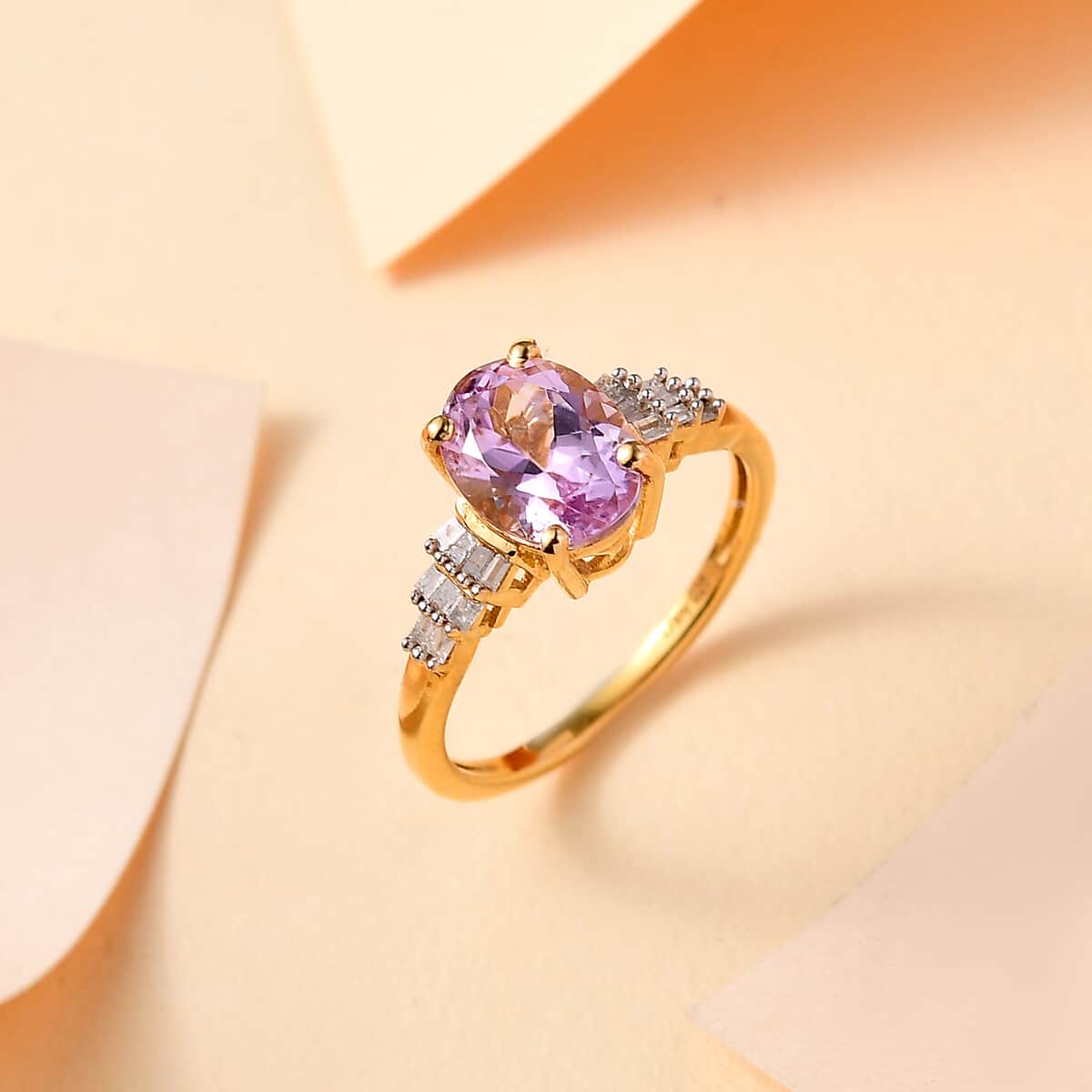 Premium Martha Rocha Kunzite and Diamond 2.70 ctw Sunset Flame Ring in 18K Vermeil Yellow Gold Over Sterling Silver (Size 10.0) image number 1