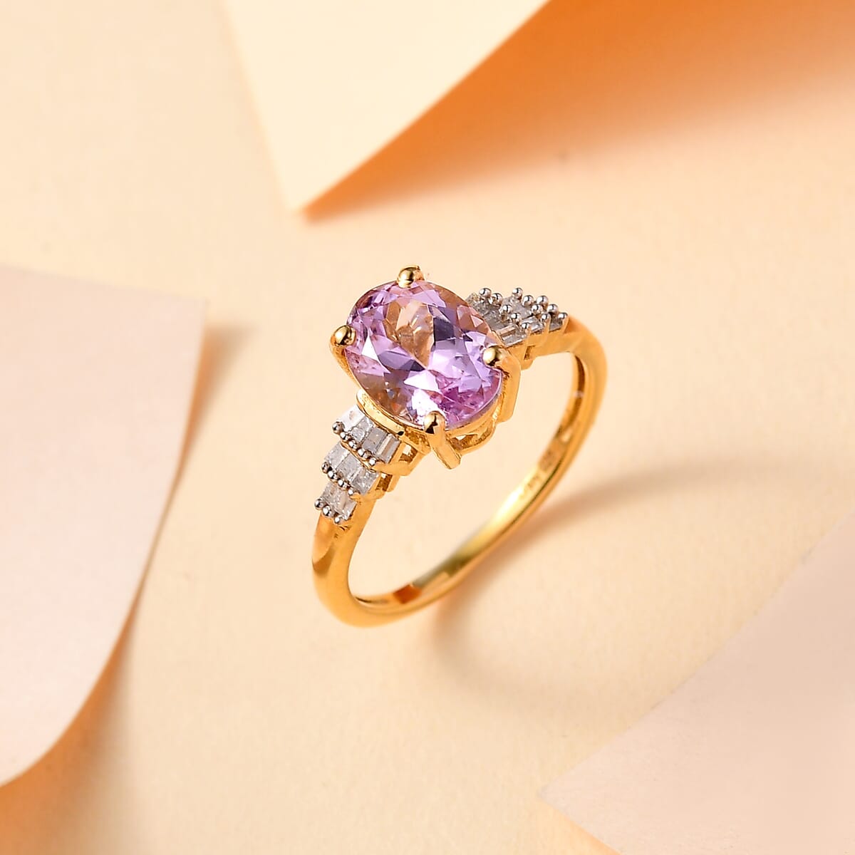 Premium Martha Rocha Kunzite and Diamond 2.70 ctw Sunset Flame Ring in 18K Vermeil Yellow Gold Over Sterling Silver (Size 6.0)  image number 1