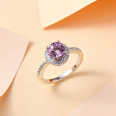 Premium Martha Rocha Kunzite and Moissanite 2.30 ctw Halo Ring in Rhodium Over Sterling Silver (Size 6.0)