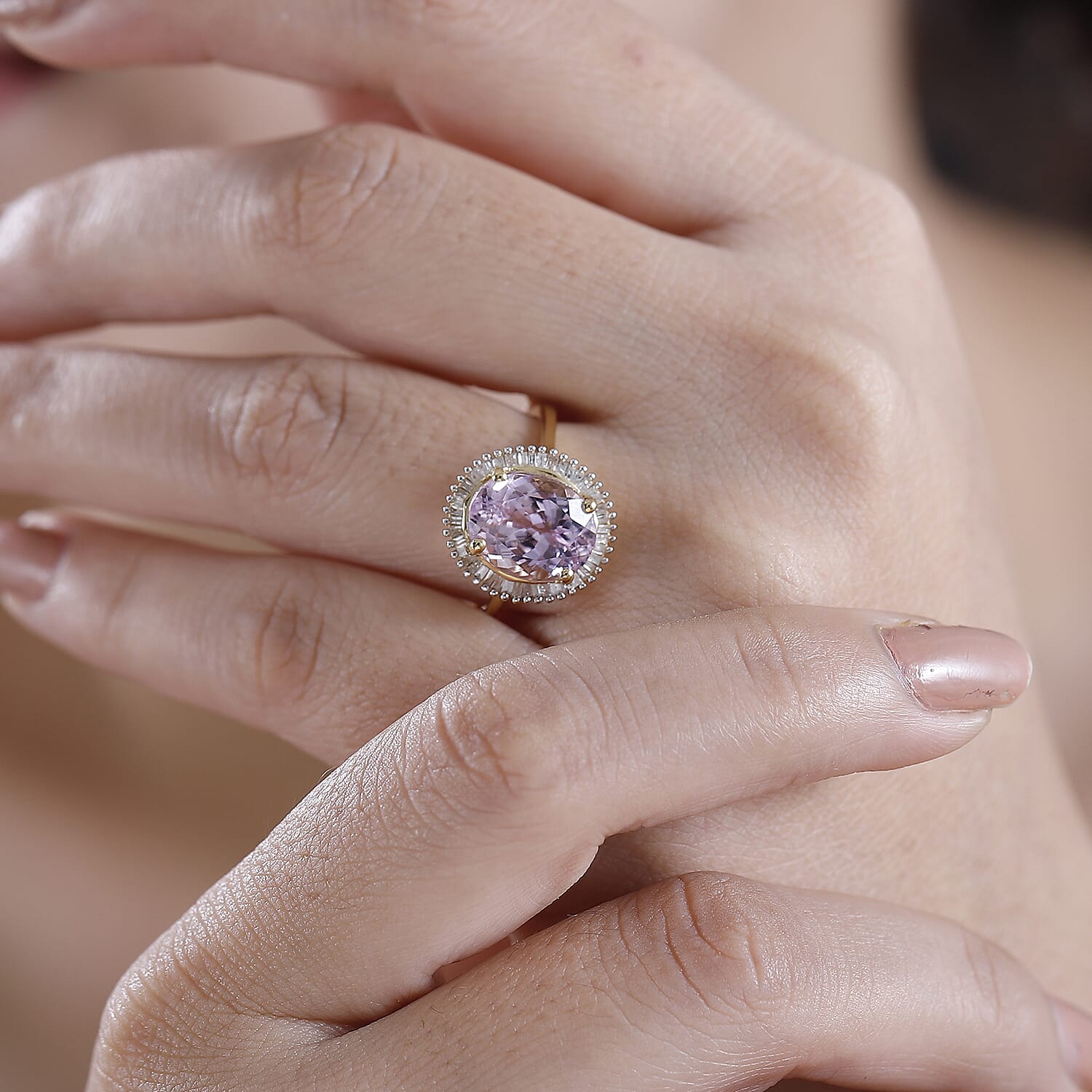 Premium Martha Rocha Kunzite and Diamond 4.65 ctw Ocean Wisdom Ring in 18K Vermeil Yellow Gold Over Sterling Silver (Size 6.0)