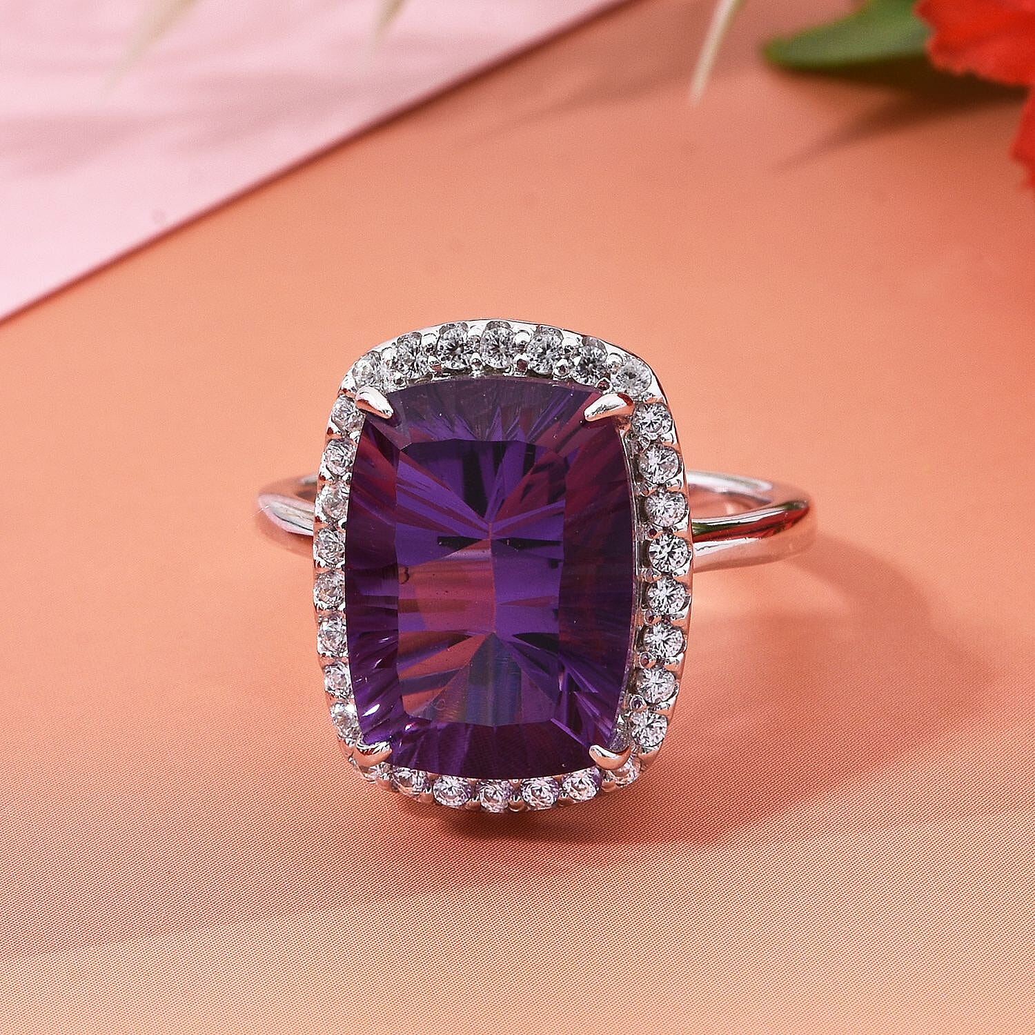 Concave Cut African Amethyst and White Zircon 7.20 ctw Halo Ring in Rhodium Over Sterling Silver (Size 10.0)