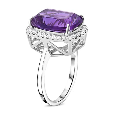 Concave Cut African Amethyst and White Zircon 7.20 ctw Halo Ring in Rhodium Over Sterling Silver (Size 10.0)