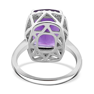 Concave Cut African Amethyst and White Zircon 7.20 ctw Halo Ring in Rhodium Over Sterling Silver (Size 10.0)